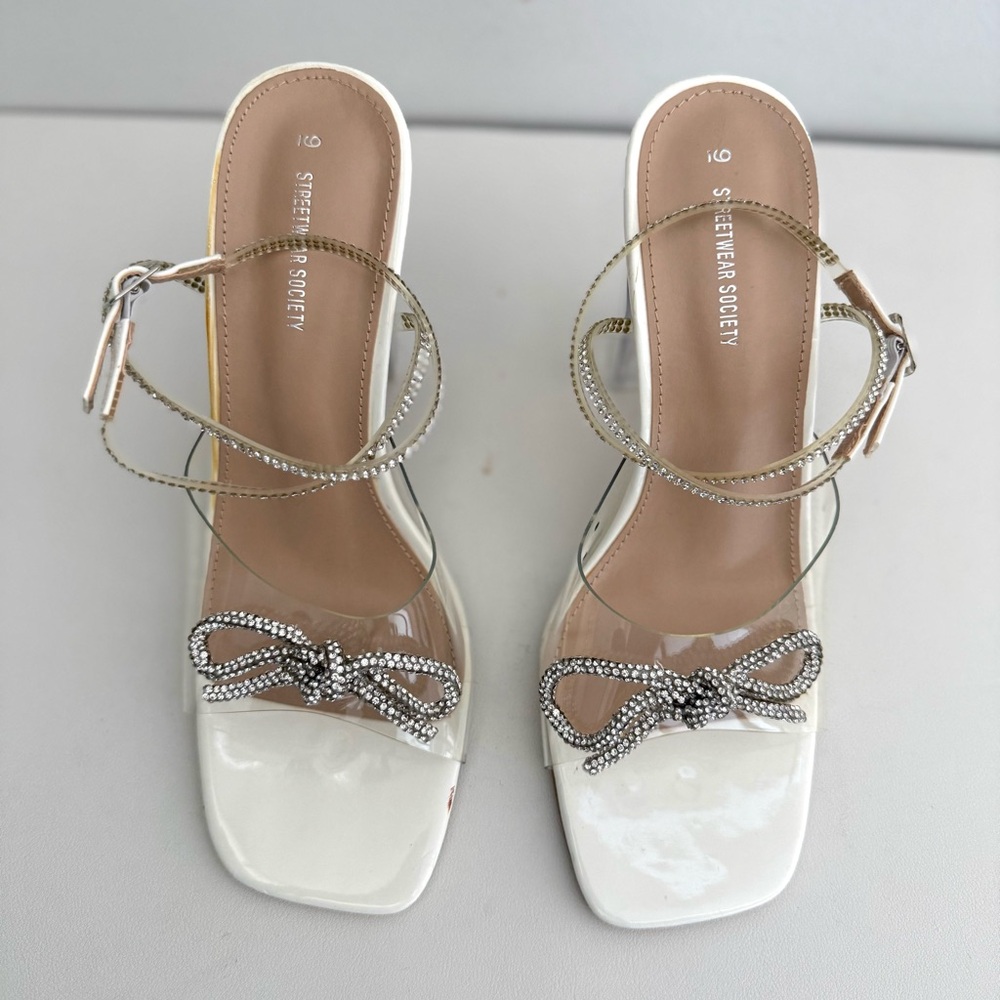 Streetwear Society Clear Strappy Block Heel Sandals with Rhinestone Bow